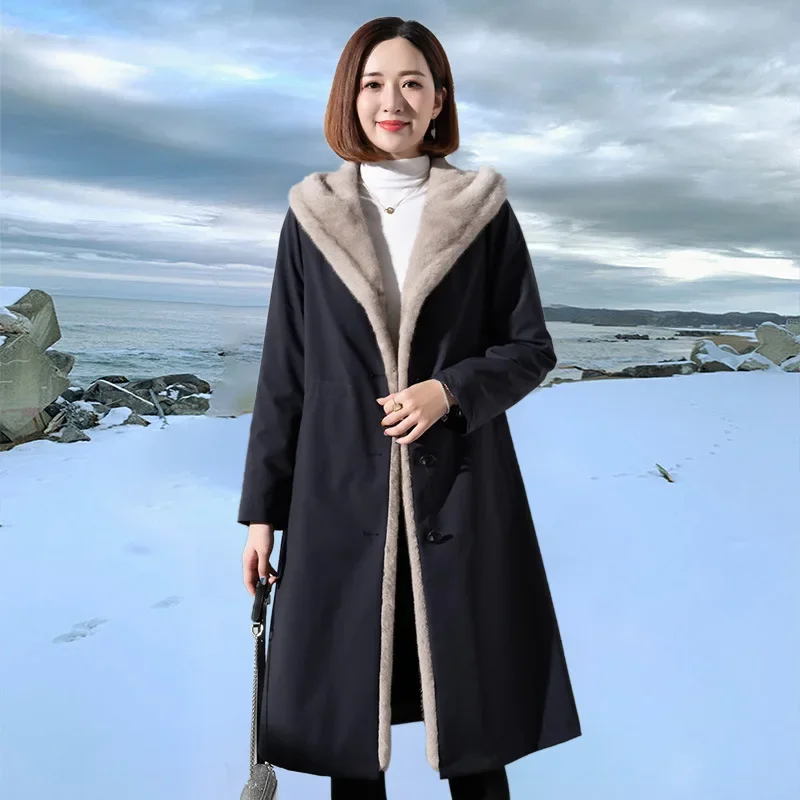 Double Sided Faux Mink Fur Jacket Women, Long Parka Coat, Elegant Hooded, Artificial Fur Outerwear, Autumn Winter, New, 2024