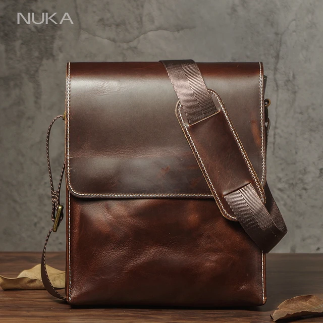 NUKA męska torba na ramię z prawdziwej skóry Retro torby Crossbody z klapką Casual Trend tornister wysokiej jakości luksusowa torba ze skóry wołowej