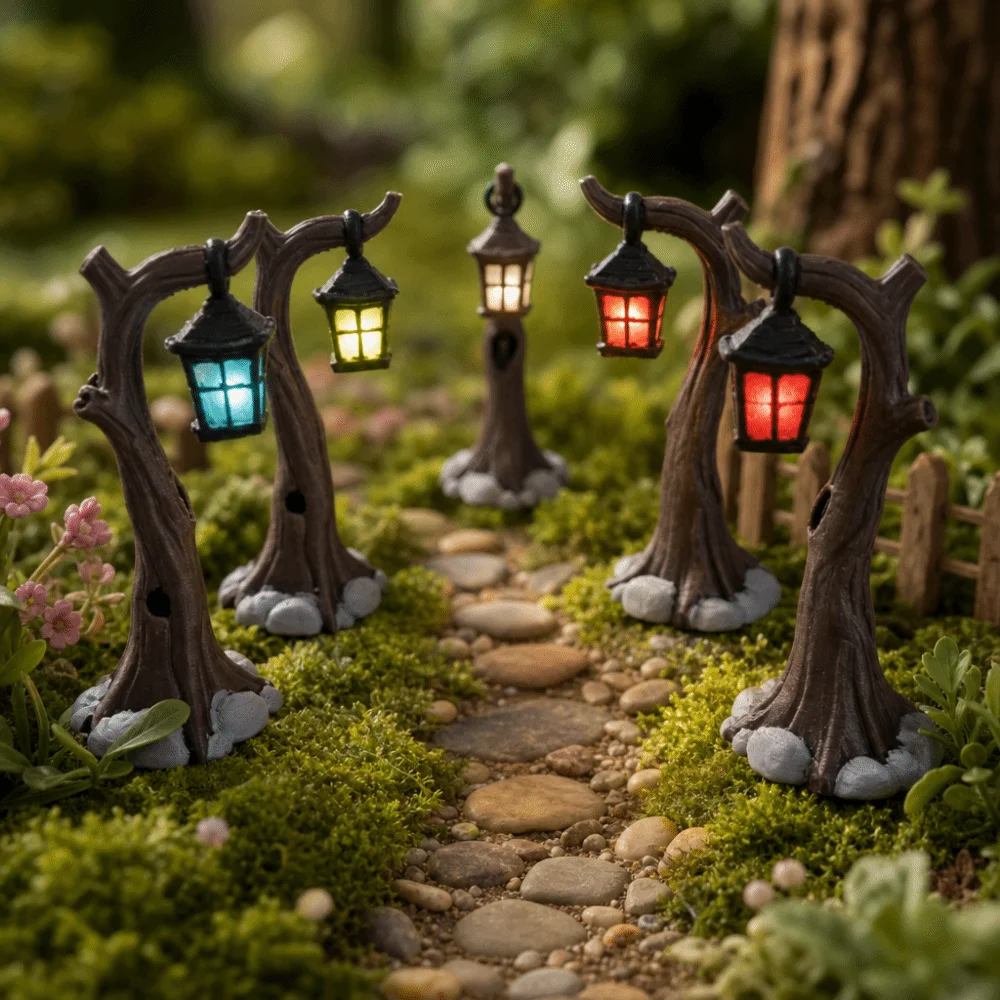 Retro Micro Landscape Ornaments Dollhouse Statue Decorative Tree Lanterns Ornaments Home Decoration Plastic