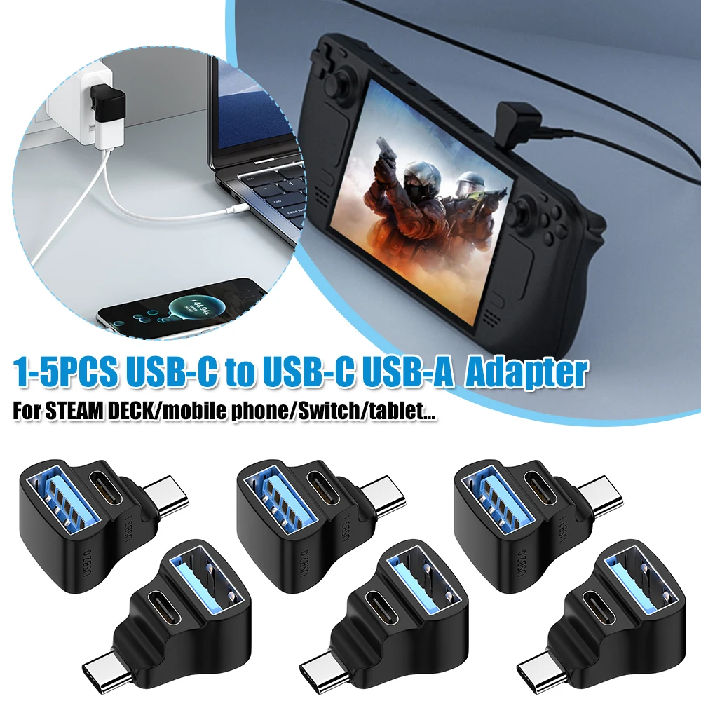 

Адаптер USB-C (1 шт.) на USB-C/USB-A (2 шт.) с поддержкой зарядки 100 Вт, 20 Гбит/с, 8K 60 Гц, 180 градусов для STEAM DECK/Switch