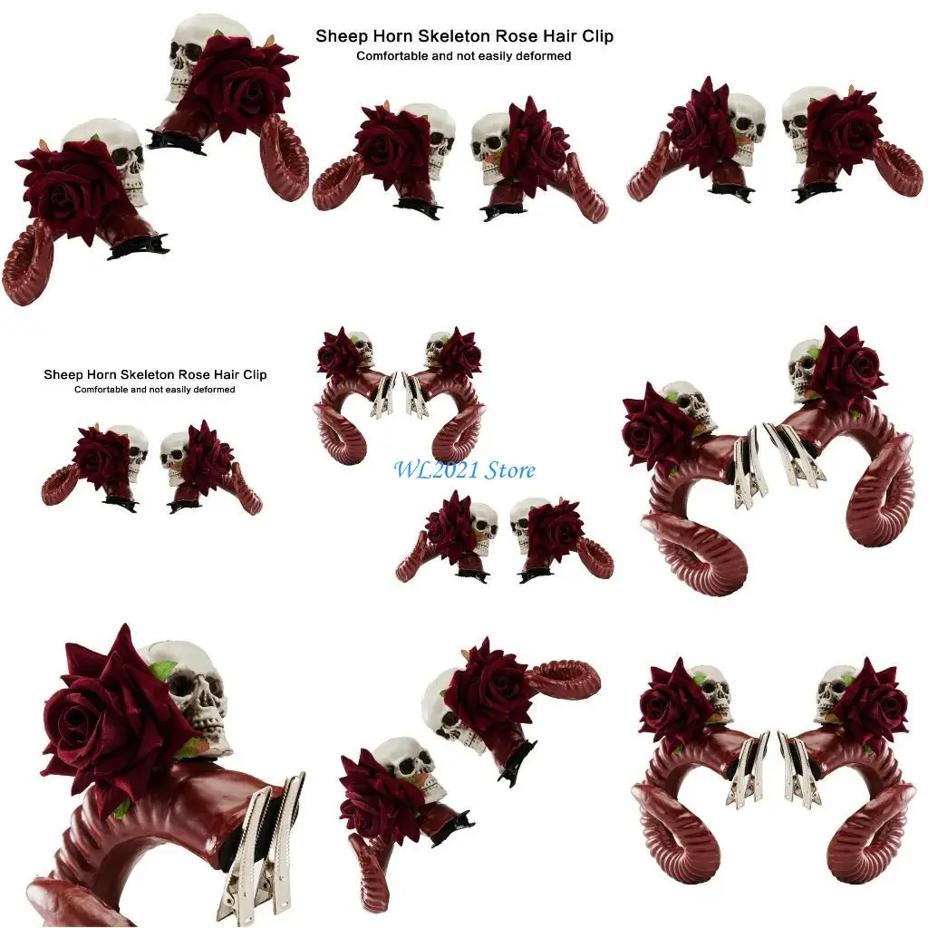 

G5GC Devil Horn Hair Barrettes Halloween Party Costume Headpiece Skull Rose Side Clip Masquerades Party Hair Styling Clip