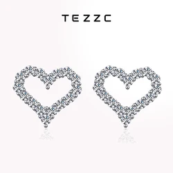 Tezzc Full Moissanite Stud Earrings for Women Heart Shape 925 Silver Lab Diamond Sparkling Earring Fashion Wedding Fine Jewelry