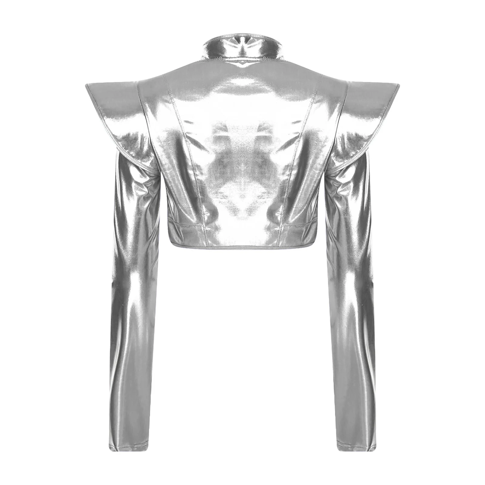 Womens Metallic Disco Jazz dance Crop Jacket Long Sleeve Structured Shoulder Boards Front Zipper Crop Top for Club Raves Party