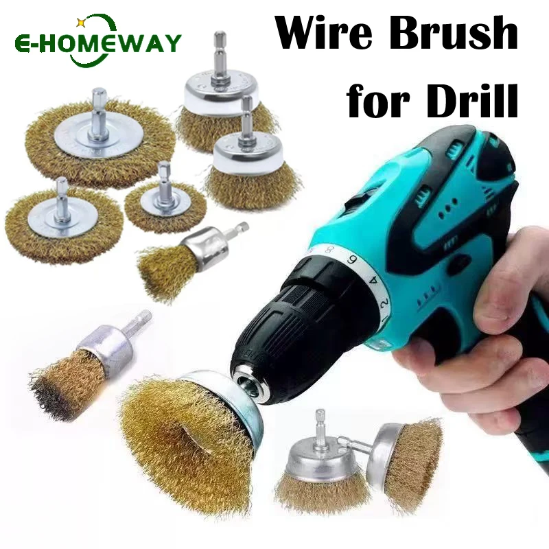 Brass Wire Brush Wheel Set,Wire Brush for Drill 1/4 Inch Hexagonal Shank 0.3mm Coarse Copper Plated Carbon Steel Crimped Wire