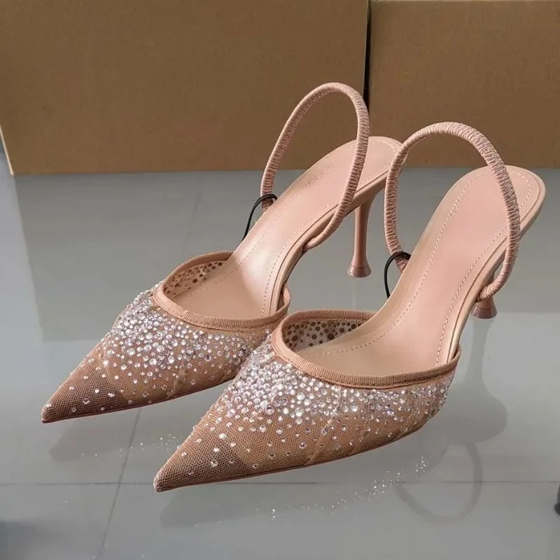 

Summer Women's Shoes Apricot Bright Mesh Fashion Temperament Versatile Dew Heel Muller Shoes High Heel Rhinestone Sandals Women