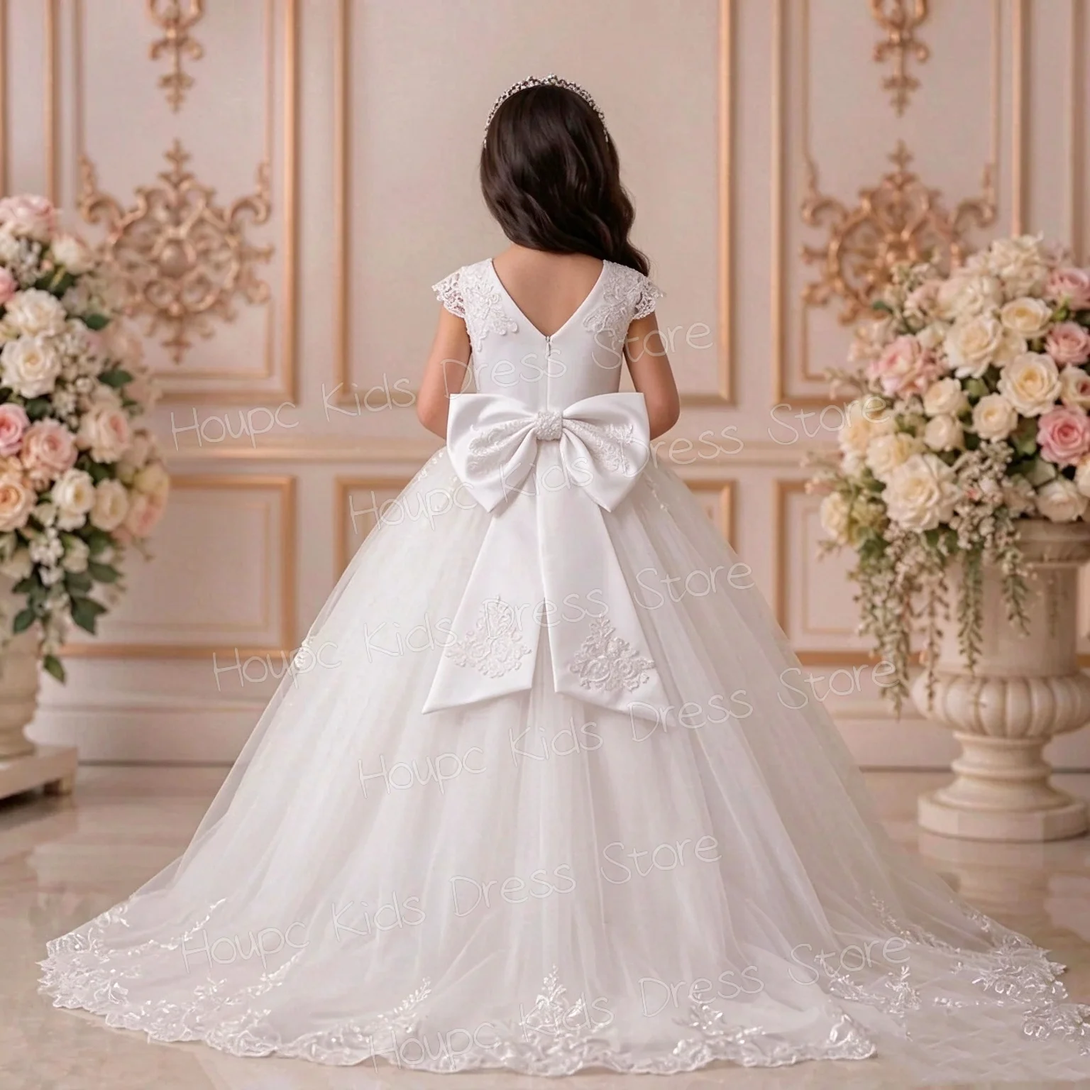 Custom White Lace & Tulle Flower Girl Dress, Sleeveless with Floral Appliques for Wedding Birthday Party Kids Formal Wear