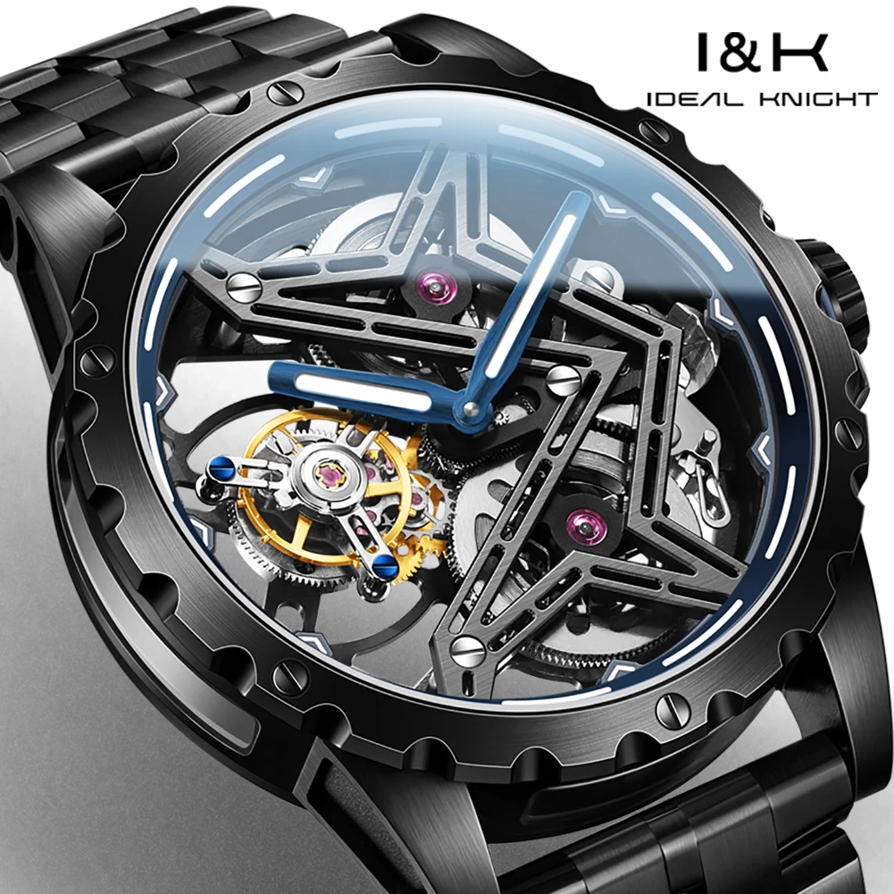 IDEAL KNIGHT 6803 Hollow Tourbillon Mechanical Watch For Men Original Automatic Wristwatch 44mm Big Dial Deep Waterproof Watches