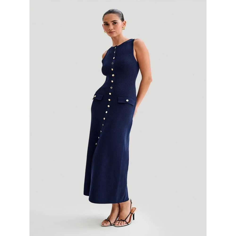 

Women Solid Sleeveless O Neck Button Bodycon Party Female Vestidos Summer Elegant Lady Knitted Single Breasted Long Dresses