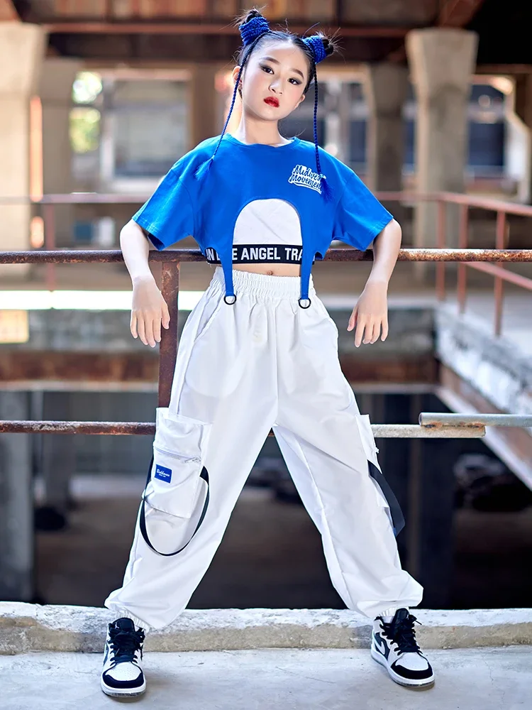 Pantaloni Street Wear Kids Jazz Modern Dancewear 2022 Hip Hop Girls Dance Clothes Summer Blue maniche corte Suit top larghi