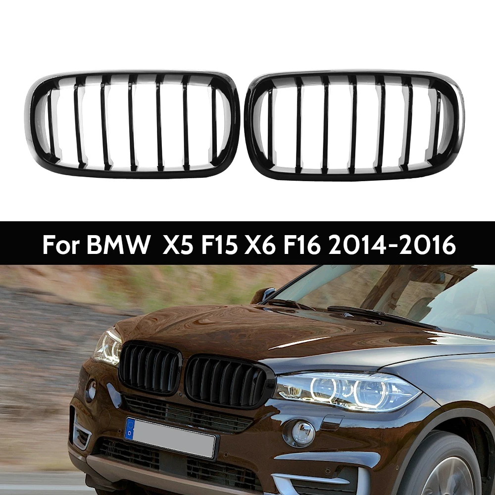 2Pcs Car Glossy Black Front Grill Kidney Grilles Single Slat Line Racing Grill Accessories for BMW X5 F15 X6 F16 2014-2016