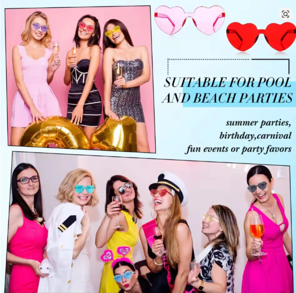 10–120 Stück Party-Herz-Sonnenbrille, Hochzeits-Sonnenbrille für Gäste, Junggesellenabschied, randlose bunte Sonnenbrille, Geburtstags-Foto-Requisiten – Detail 4