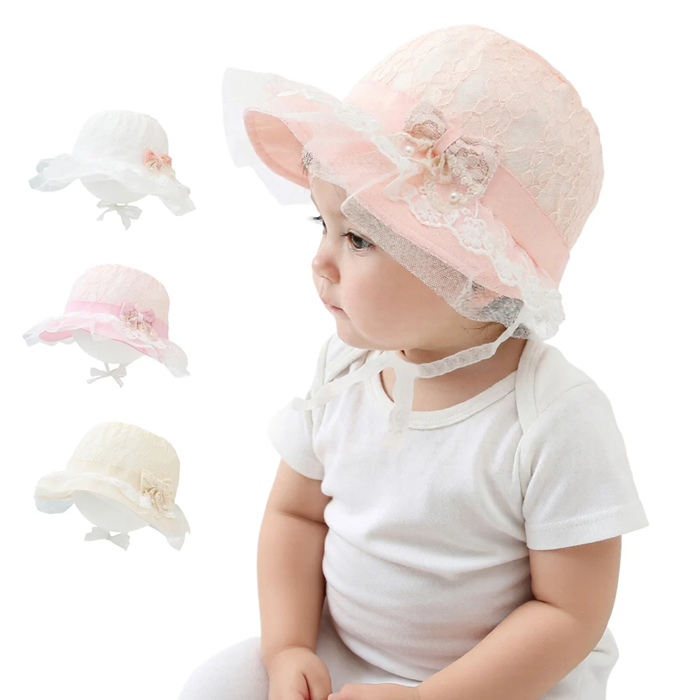 Panama Sommer Baby Sonnenhut für Mädchen mit Spitze, Perlen und Schleife, Weicher Rand Kleinkind Bucket Hat, Baby Strand Sonnenhut, Kinder UV-Schutz Kappe