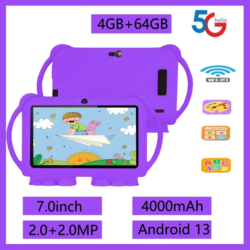 Новый детский образовательный планшет 7,0, 4 ГБ ОЗУ, 64 ГБ ПЗУ, расширение 5G WiFi 1 ТБ, аккумулятор 4000 мАч, две камеры, детский подарок