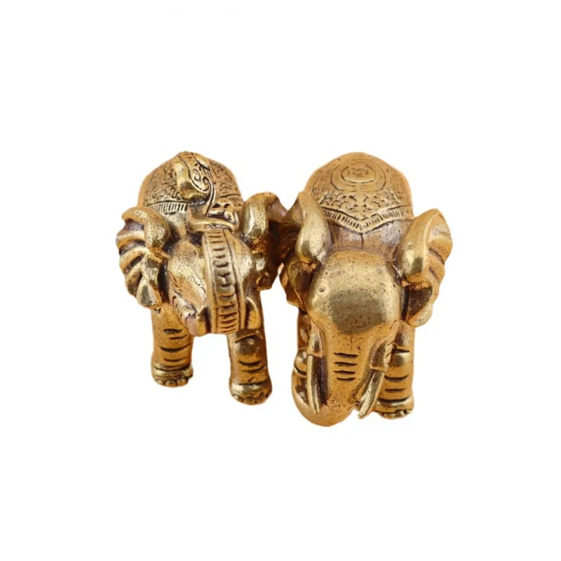 Solid Brass Elephant Ornaments Brass Pair of Fortune Elephants Handheld Antique Brass Wealth Elephant Desktop Tea Pet Brass Orna