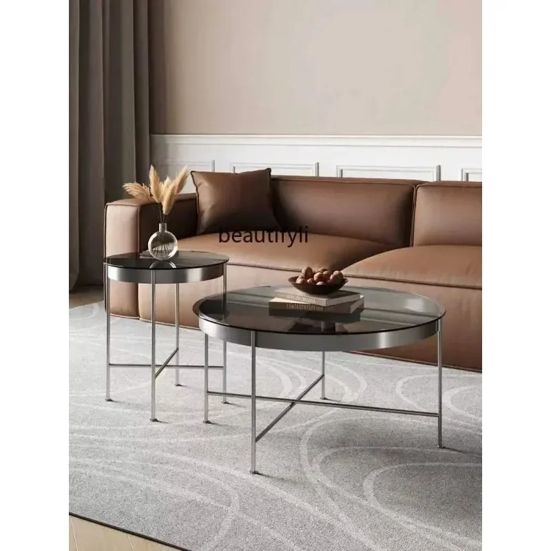 TTT Asmt59 Household coffee table Living room table Modern simple stainless steel tempered glass, round coffee table