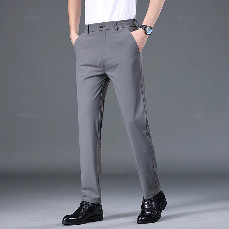 Summer Good Stretch Smooth Trousers Men Business Elastic Waist Korean Classic Thin Black Gray Blue Brand Casual Suit Pants Male