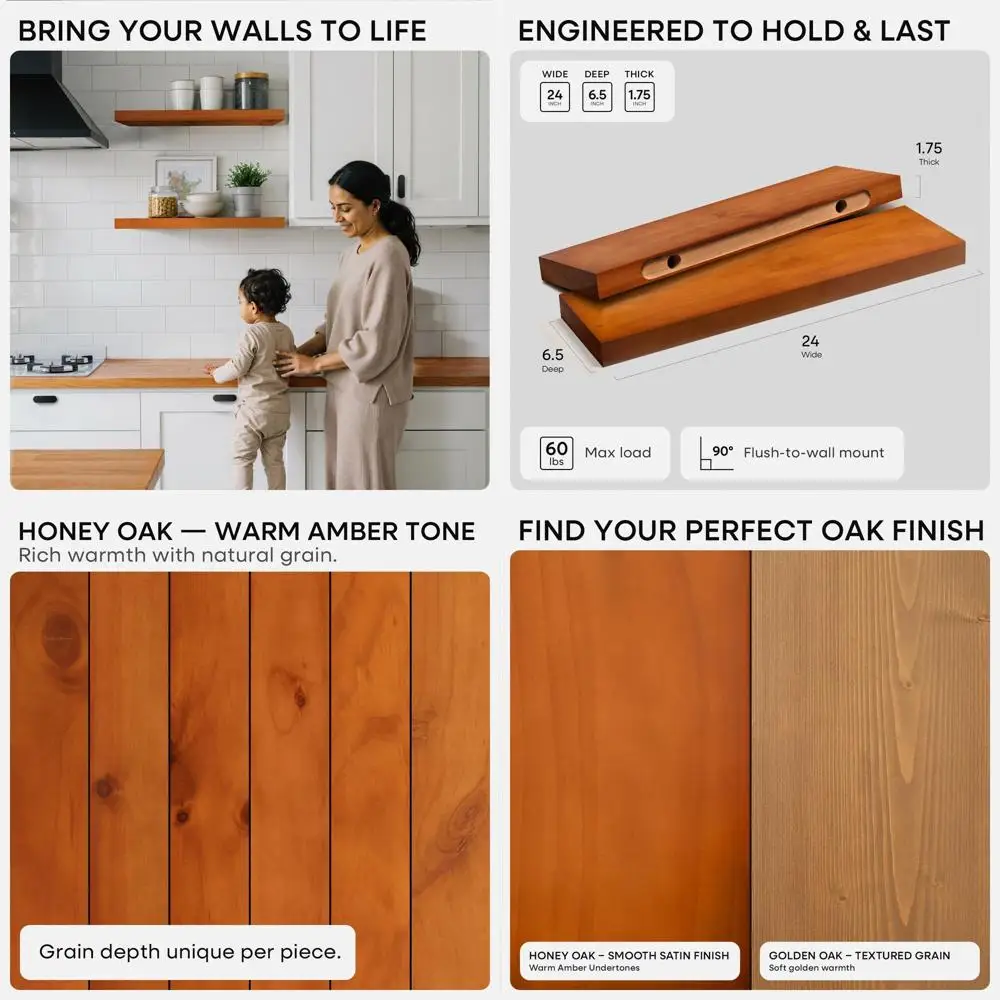 

24 Premium Honey Oak Wall-Mounted Floating Shelves, Set of 4, 24x6.5x1.75 inches