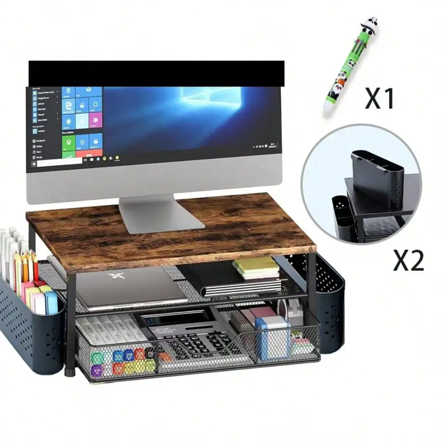 MOFOROCO Computer Monitor Stand For Desk, Laptop Riser, Desk Organizer With Drawer And 2 Pen Holders, Desk Monitor Stand Underne