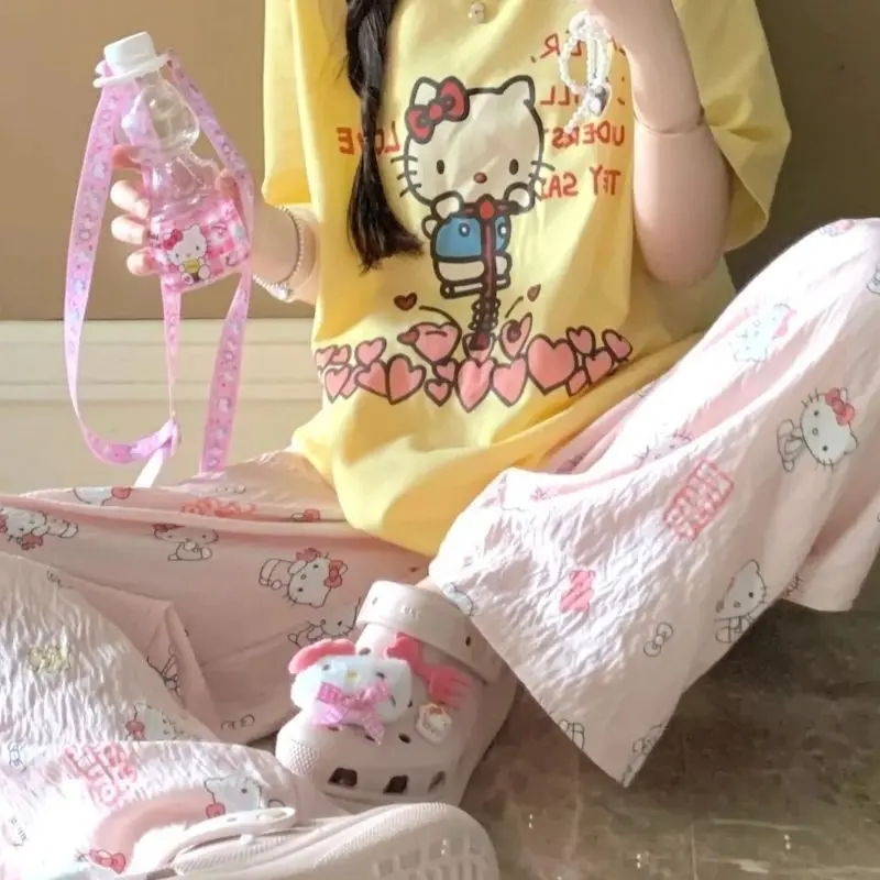 Sanrio Hello Kitty Anime Pajama Pants Cute Spring Wide Leg Pants Kawaii Vintage American Style Cotton Loose Casual Walk Homewear