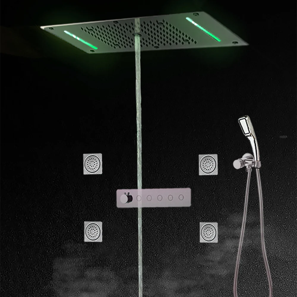 

Luxury Thermostatic Concealed Shower System Bathroom LED Ceiling Rain Shower Head Push Button Valve Waterfall Mist Massage Jets