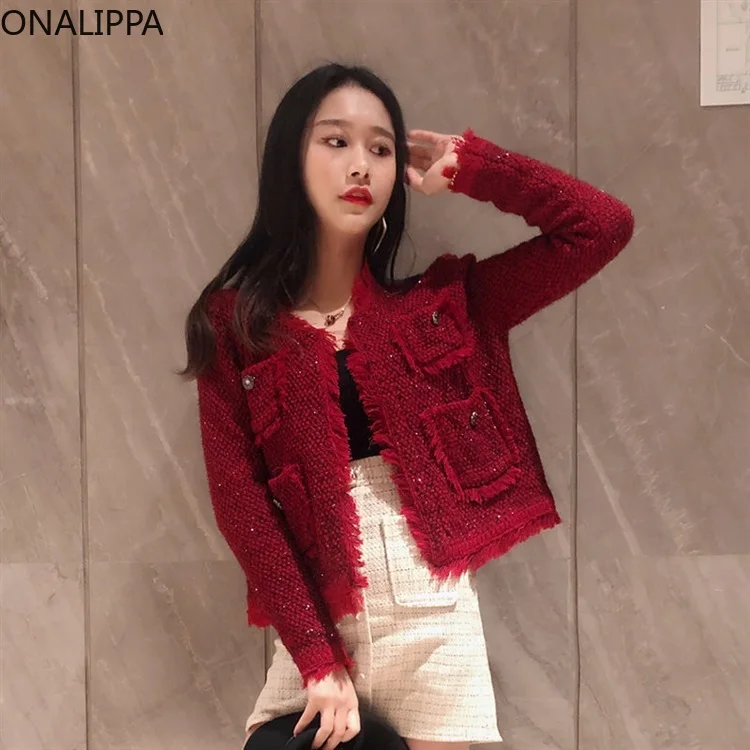 Onalippa Small Fragrance Shiny Knitted Cardigan Women Solid Single Breasted Tassel Cardigans Korean Chic Design Loose Sweater