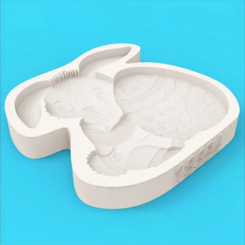 Easter Egg-Holding Bunny Silicone Baking Mold with Overalls Design Chocolate Fondant Cake Decoration Mold view 5