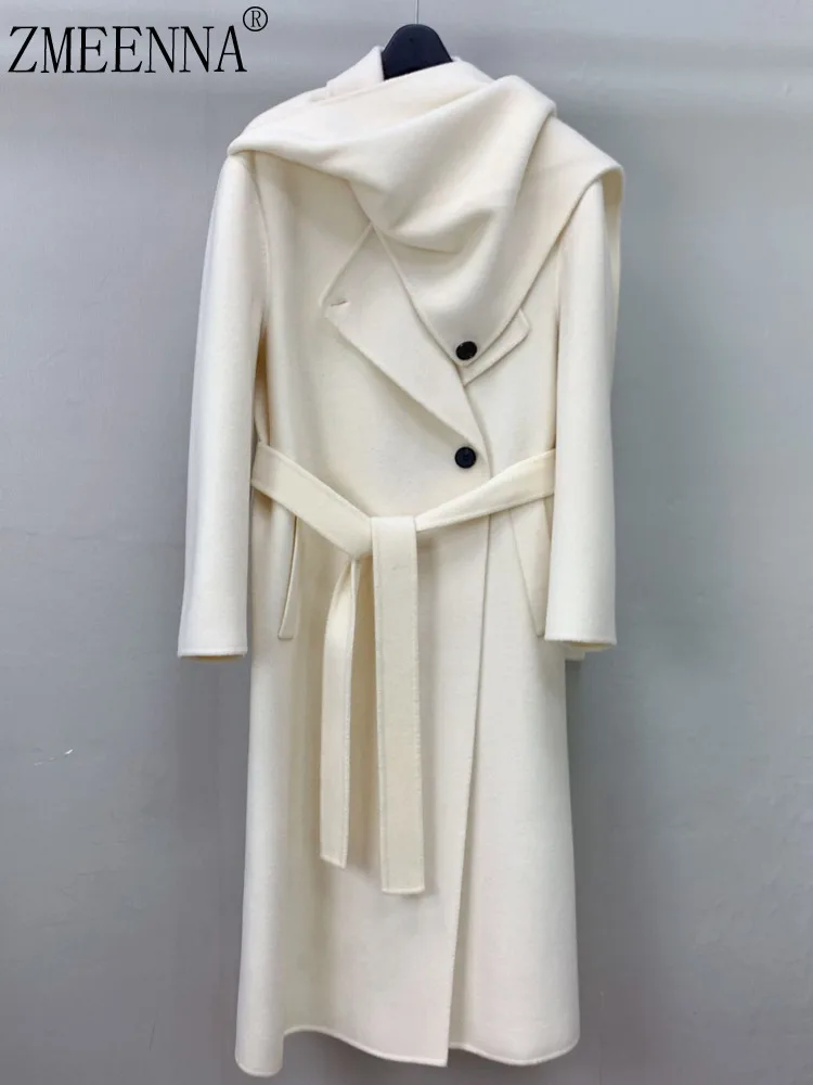 

ZMEENNA Womens Long Wool Blend Coat With Shawl Collar Hood And Tie Belt Warm Winter Outerwear Elegant Drape Style ZM4394