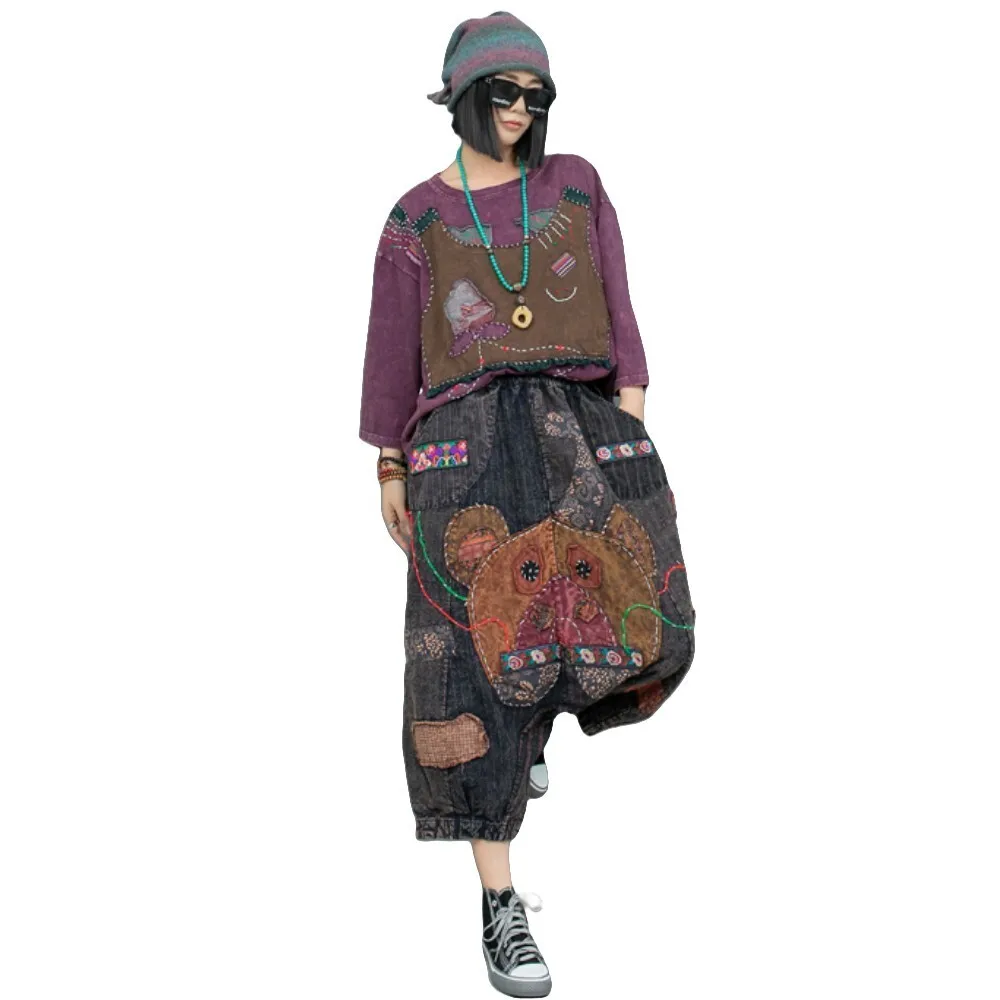 Heavy Industry Hand Embroidered Pant Set Long Sleeve T-shirt + Old Cloth Big Crotch Pants Two Piece Set Women Autumn LX2519