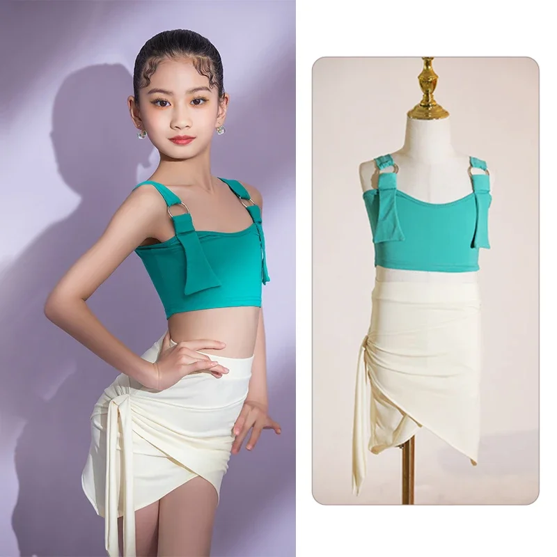 

2025 New Kid's Latin Dance Dress Girl's Samba Cha Cha Practice Clothes Sling Green Split Suit Tango Waltz Samba Costume
