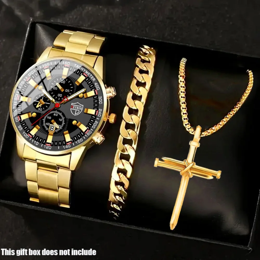 Роскошный мужской комплект часов из трех предметов с ремешком из сплава. Мужские часы для отдыха. Мужские часы и браслет-ожерелье в подарок для мужчин.