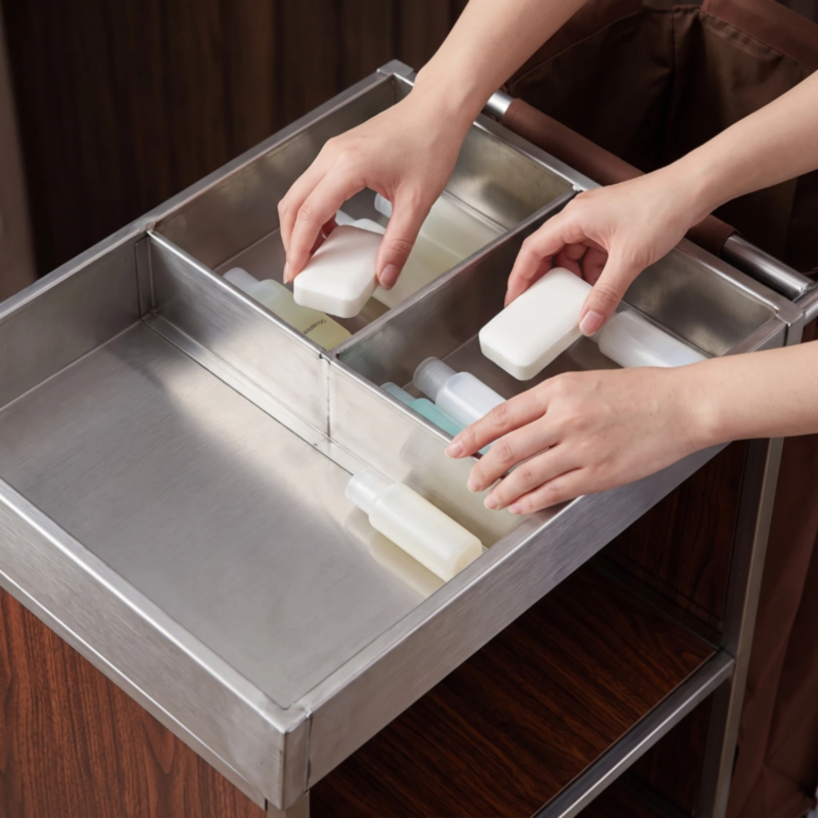 Housekeeping Service Cart with Bag 3-Tier Housekeeping Cart Rolling Cleaning Trolley Waterproof Multi-Functional