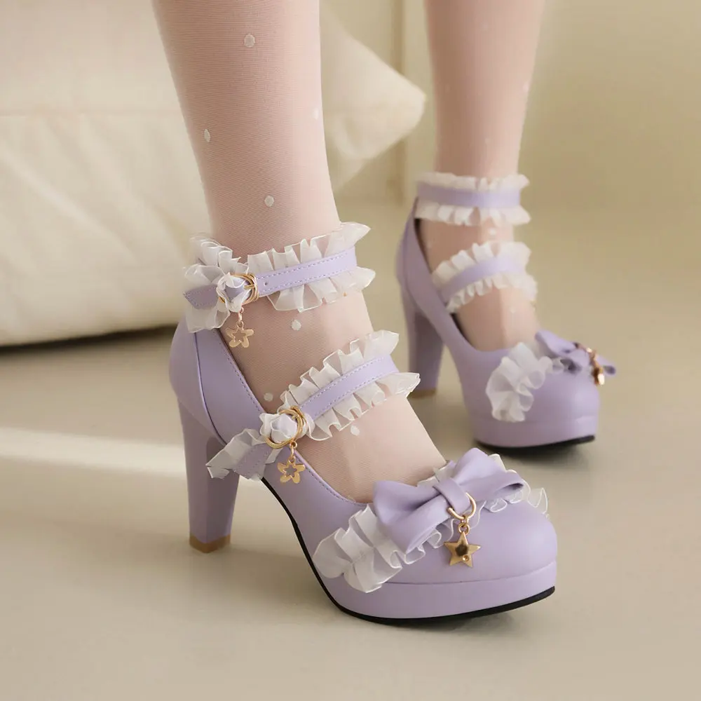 Lolita Style Lace Trimmed Purple High Heels with Sparkling Star Pendant, Round Toe PU Leather Princess Cosplay Shoes Size 33-45