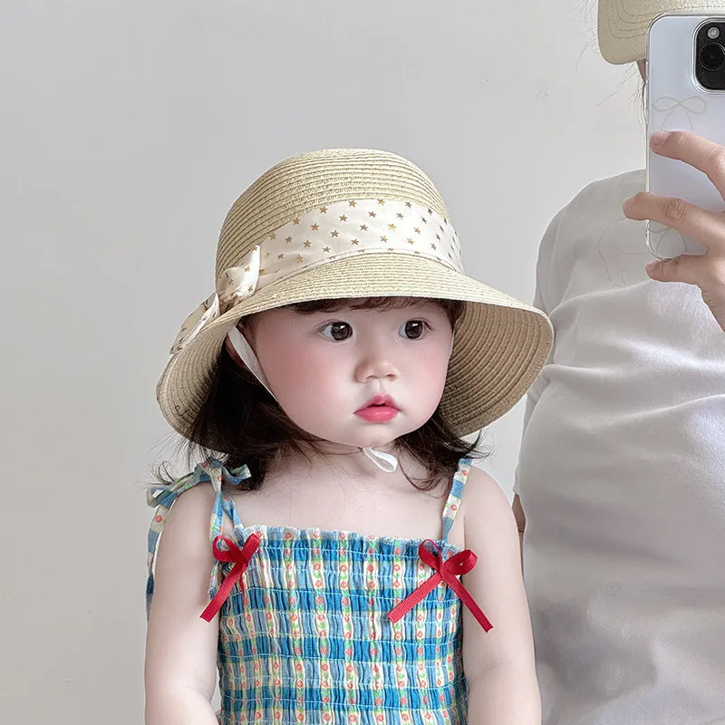 Sommerlicher Strohhut mit süßer Schleife, große Krempe, UV-Schutz, Sonnenhut für Babys, Mädchen, Kinder, Strand, Outdoor, Alltagskleidung – Detail 6