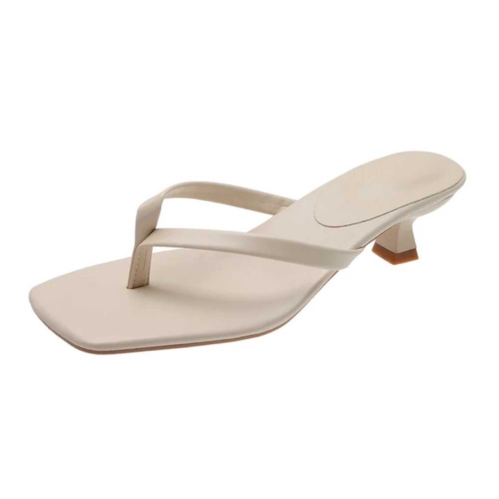 Women Stiletto Square Toe Sandals Solid Color Casual Flip-Flops PU Leather Thin Heel Flip Flops for Seaside Beach Travel