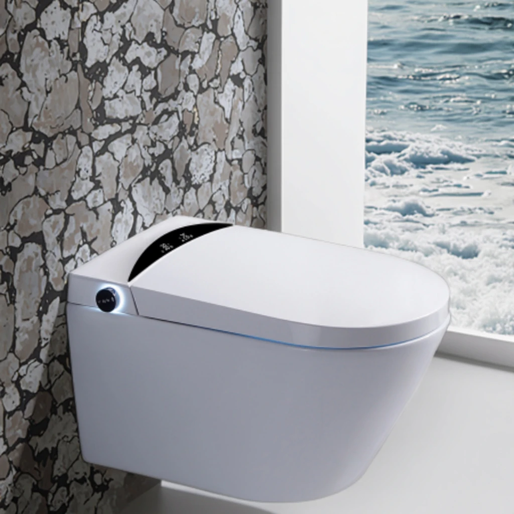 

Усовершенствованная функция Умный керамический настенный унитаз с автоматическим подогревом сиденья с P-образным сиденьем и дистанционным управлением