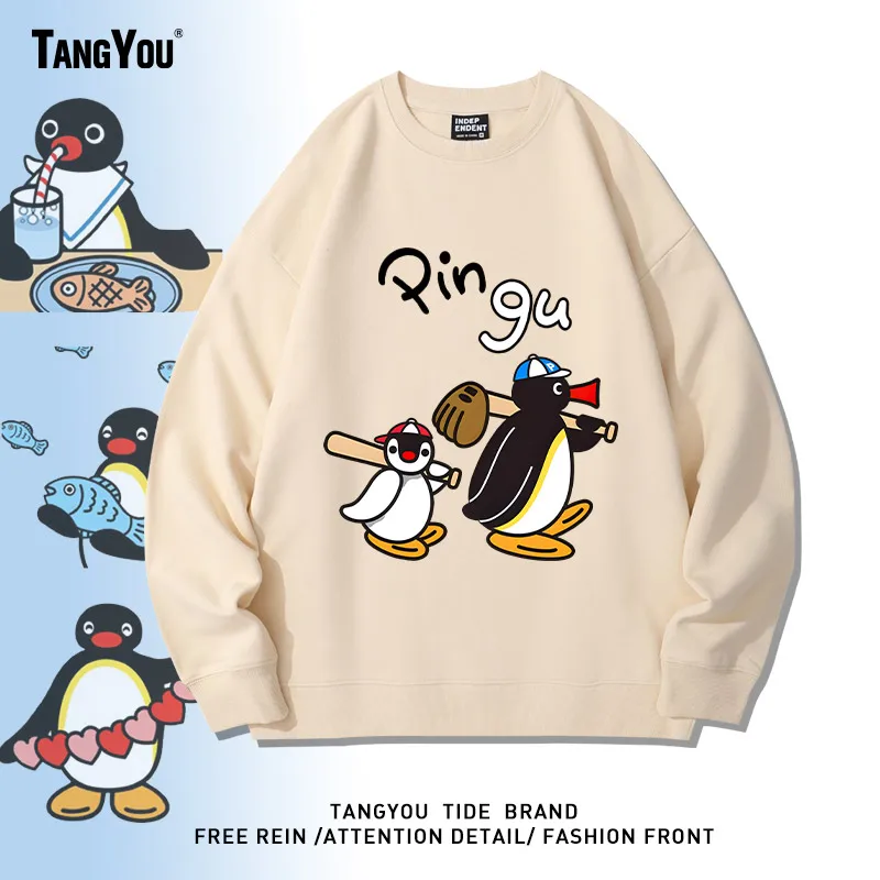

Повседневный топ с мультяшным принтом пингвина и анимацией, с круглым вырезом, на флисовой подкладке, с длинными рукавами, для мужчин и женщин, осенне-зимняя толстовка