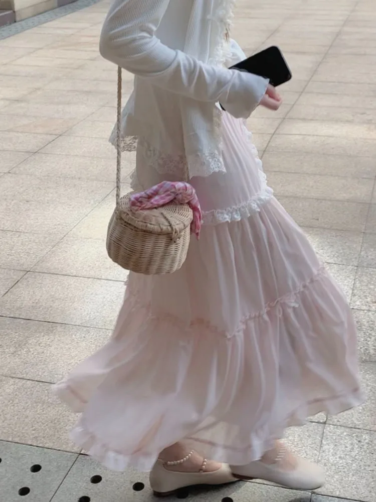 Ezgaga Sweet Skirts Women Bowknot Lace Patchwork Stretch High Waist Spring 2026 Fashion Elegant Long Skirt Female Casual