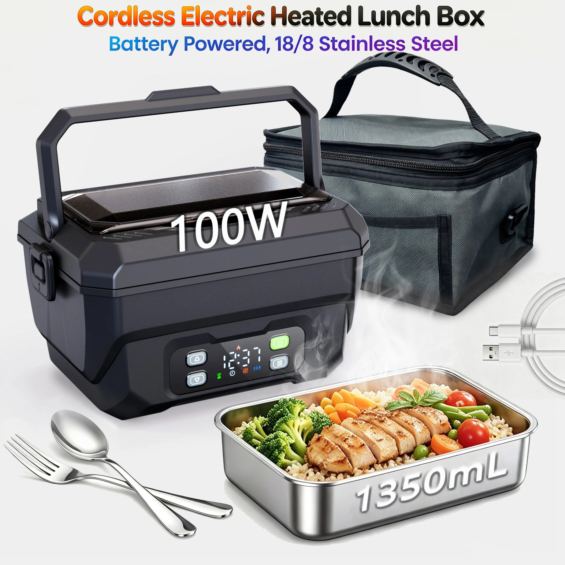 Scatola termica portatile elettrica senza fili da 100 W per uomo, scatola termica ricaricabile da 22500 mAh, scaldavivande da 1,35 L con timer, vassoio rimovibile in acciaio inossidabile 18/8, borsa