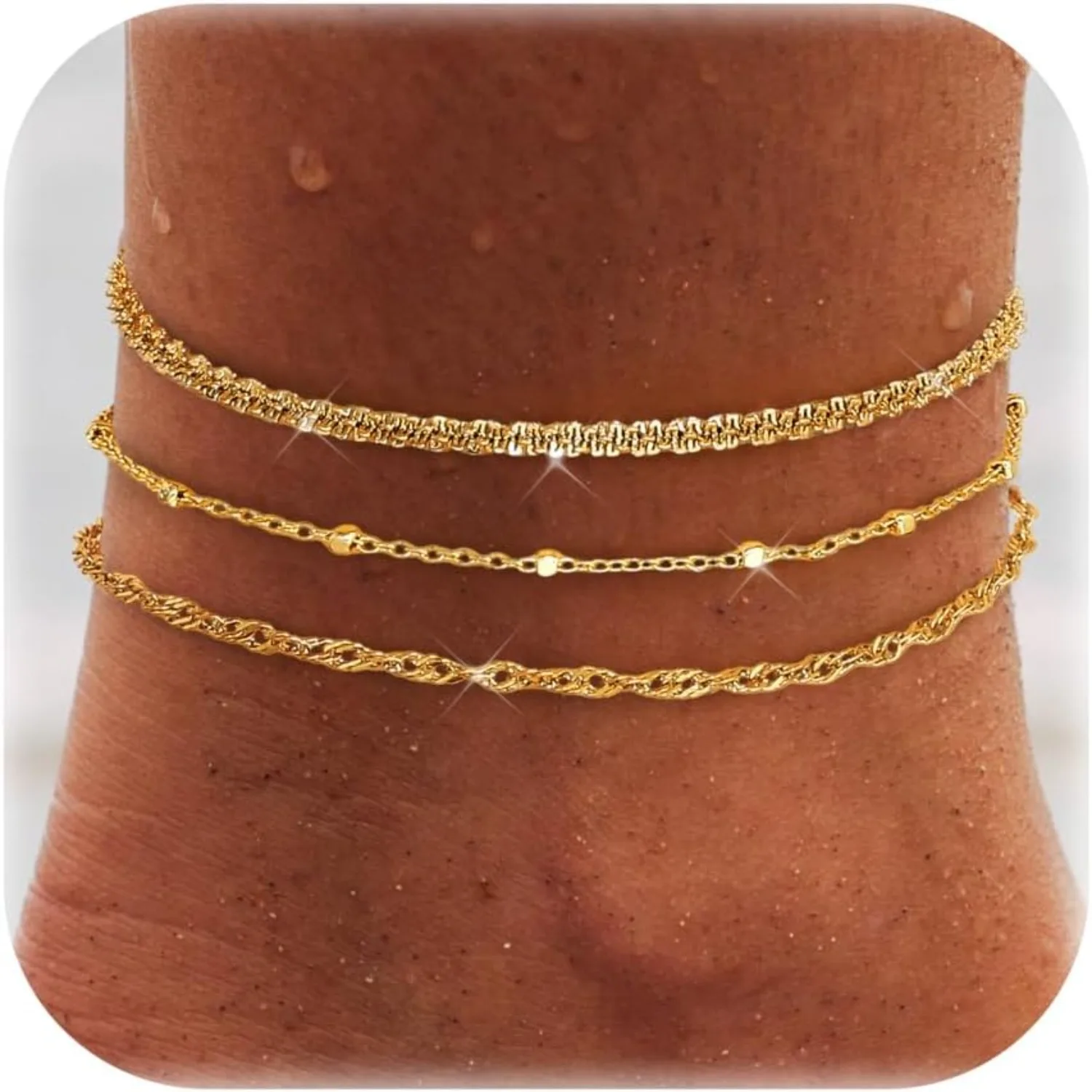 Layered Ankle Bracelets for Women Waterproof 14K Gold Plated Cuban Figaro Link Chain Beaded Anklets Set Dainty Foot Jewelry
