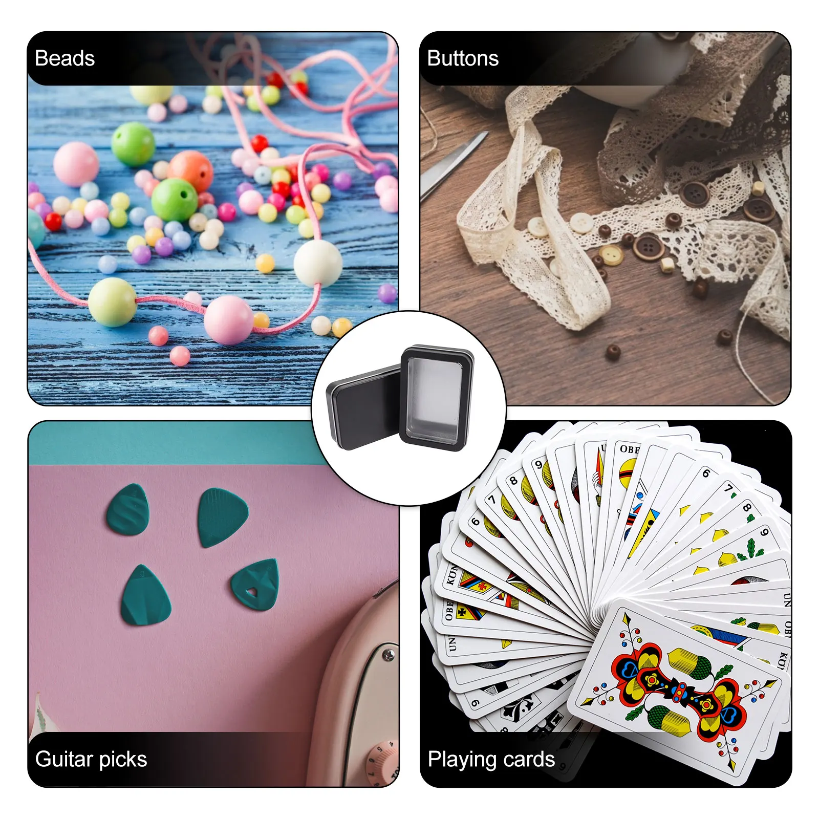 

6pcs Tinplate Card Boxes with Clear Window for Poker Cards Game Pieces Storage Organizers Black Lid Matte Finish