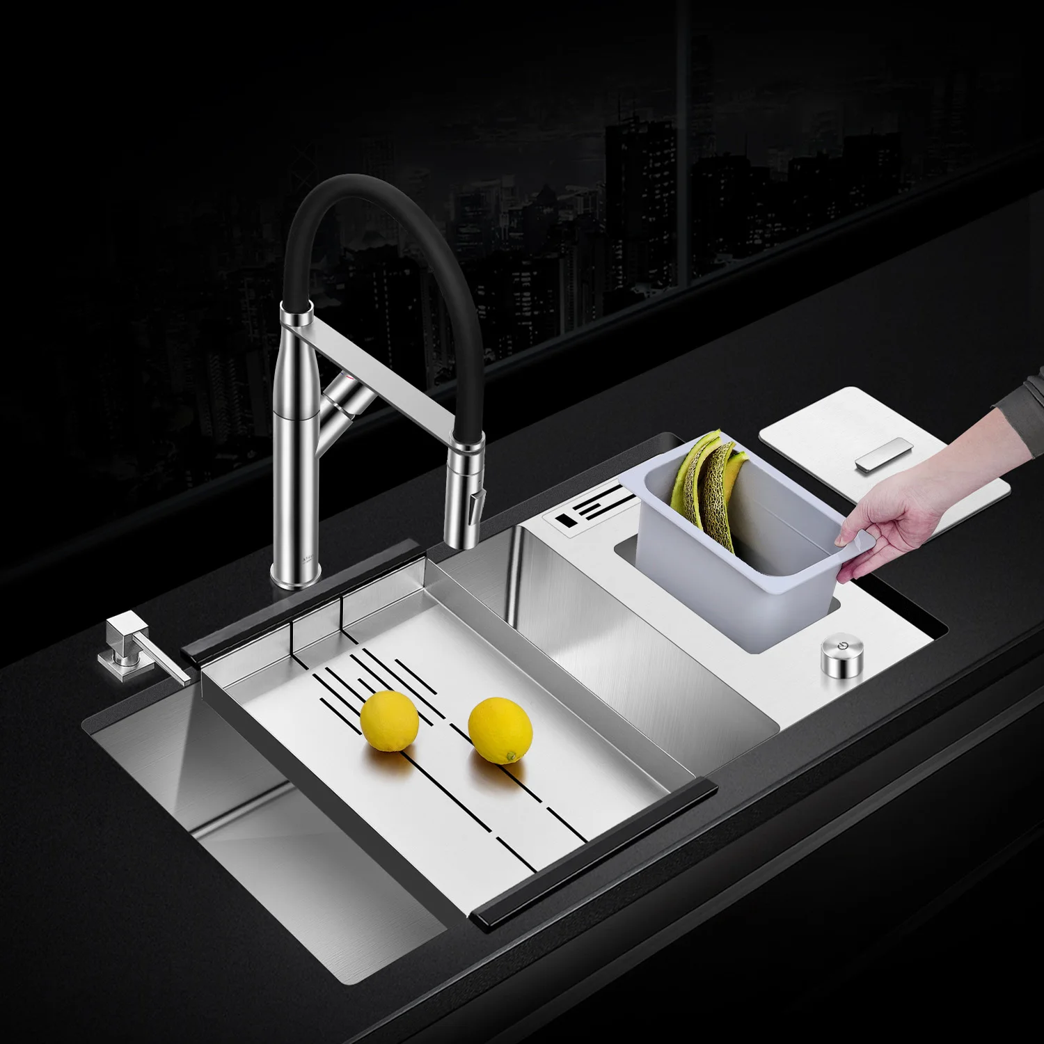 

ASRAS 7642L Multifunction handmade kitchen sink 304 Stainless steel large single with faucet SUS304 set