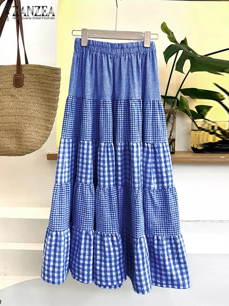

Casual Loose Elastic Waist Long Skirt ZANZEA Women Plaid Printed Jupe 2024 Fashion Pleating Faldas Vintage Multi-layer Overskirt