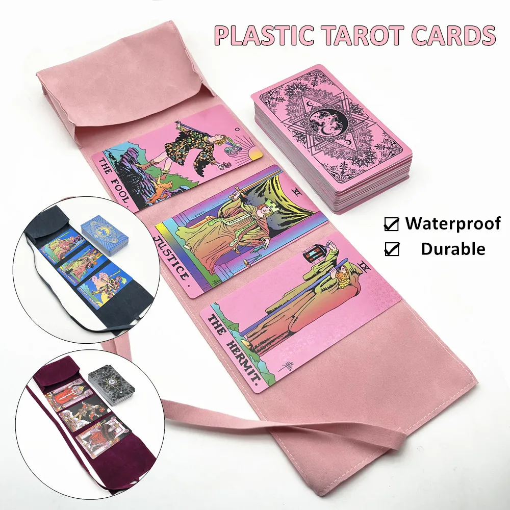 1 Set Plastic Tarot Cards Pink Blue Black With Cloth Storage Bag Waterproof Durable Divination English Guide Book Oracle L743