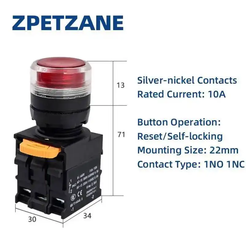 مقبض مفتاح بـزر دفع 22 مللي متر شنت مضيئة 10A 220 فولت 380 فولت الطاقة بدء إيقاف لحظة إعادة تعيين الذاتي قفل