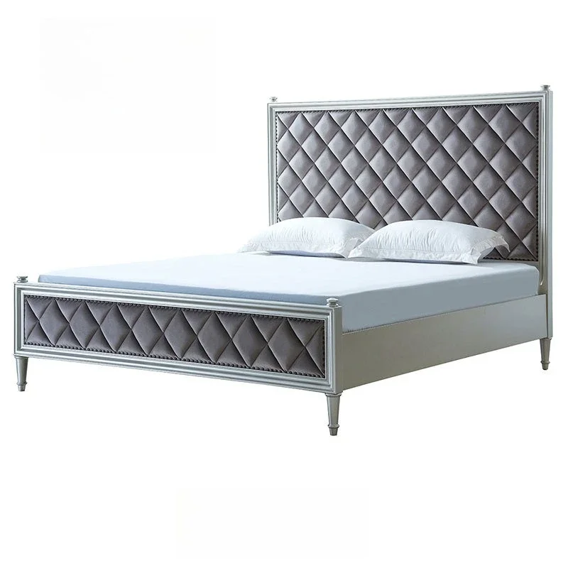 

American solid wood bed, simple light luxury champagne silver solid wood, carved square fabric