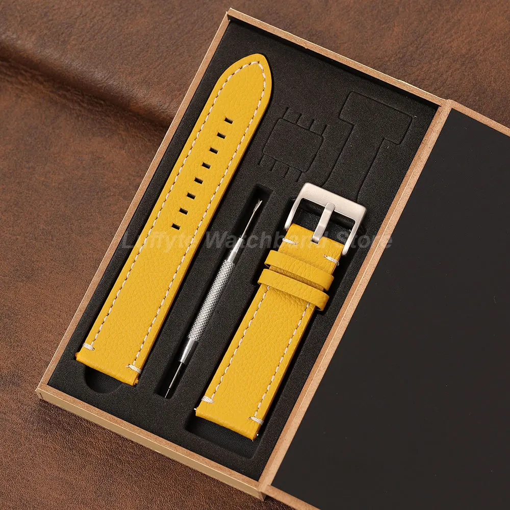 Double Sided Litchi Texture Strap 18 20 22 24mm with Quick Release Spring Bar and Gift Box Vintage Unisex Business Wristband