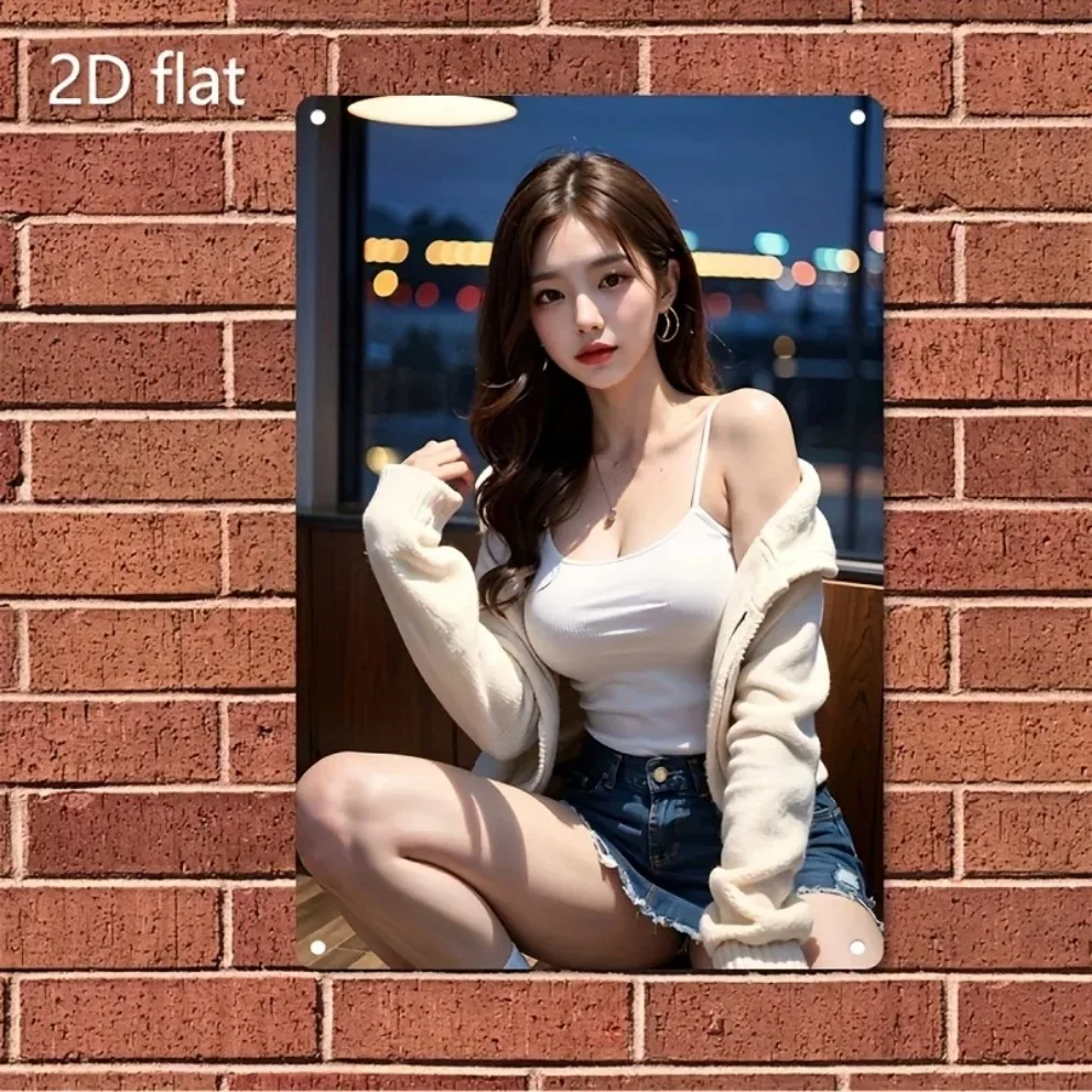 HD Metal Wall Art Casual Asian Beauty in Cardigan & Denim Skirt Pin Up Girl Vintage Metal Tin Sign for Home Bar Decor