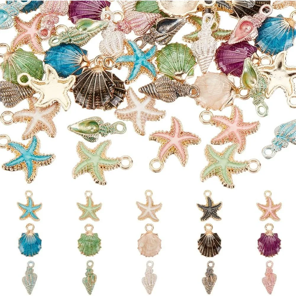 60pcs 15 Styles Starfish Charms Enamel Shell Pendants Metal Spiral Shell Charms Ocean Seashell Dangle Charms Beads for Beach