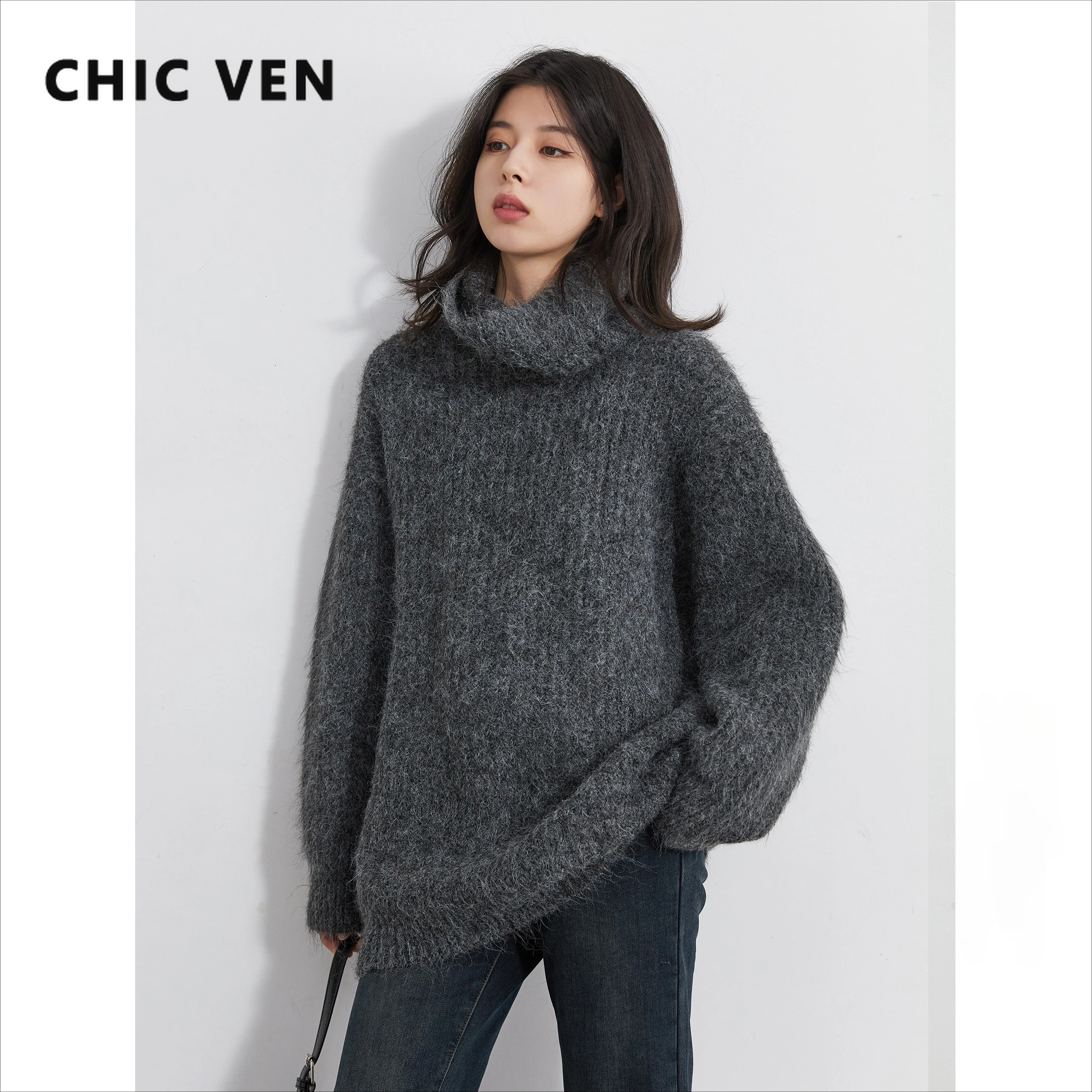 

CHIC VEN Women Sweaters Fashion Warm High Neck Solid Knitted Jumpers Female Loose Jumpers Lady Clothing Autumn Winter New 2025