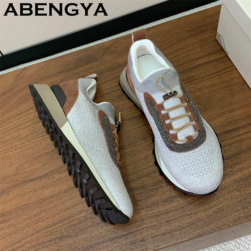 Women's Knitted Lace Up Casual Sneakers Flat Shoes Spring Summer Breathable Comfortable Trainers Shoes Oxfords Bottom Flat Shoes